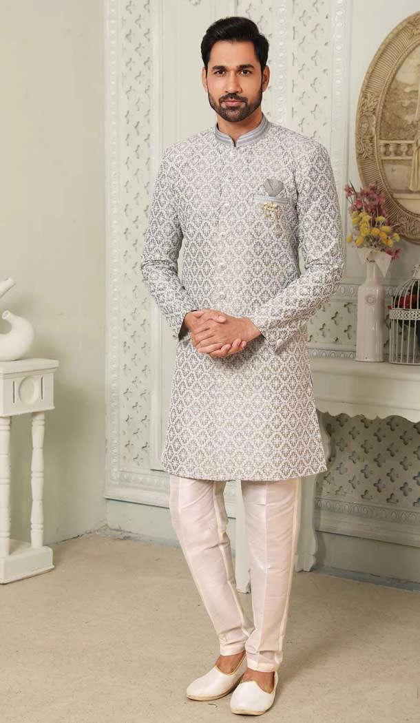 Grey Color Art Silk Thread Work Wedding Wear Men's Semi Indo Western -5119159976