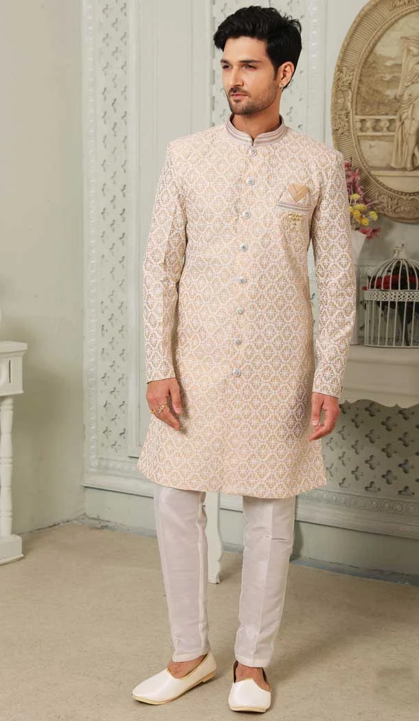 Gold Color Art Silk Thread Work Wedding Wear Men's Semi Indo Western -5119159977