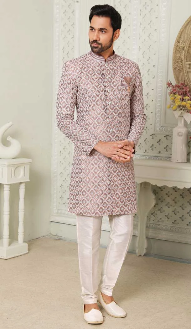 Dark Onion Color Art Silk Thread Work Wedding Wear Men's Semi Indo Western -5119159978