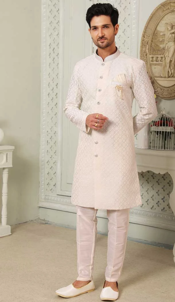 Thread Work Cream Color Art Silk Wedding Wear Men's Semi Indo Western -5119159979