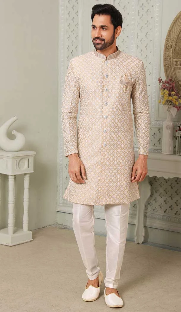 Art Silk Gold Color Thread Work Wedding Wear Men's Semi Indo Western -5119159980