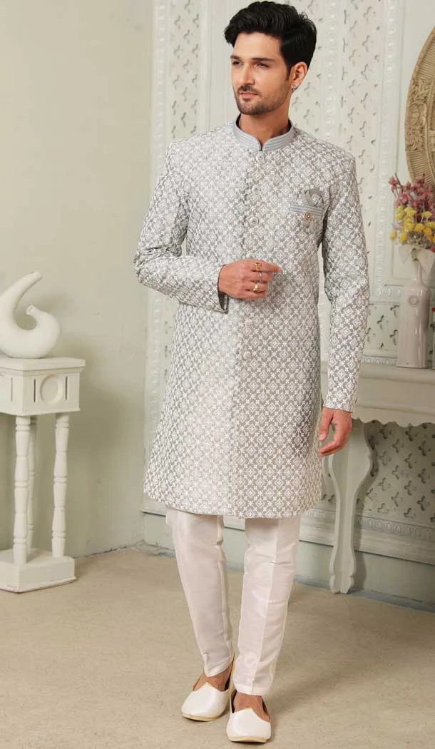 Art Silk Grey Color Thread Work Wedding Wear Men's Semi Indo Western -5119159981