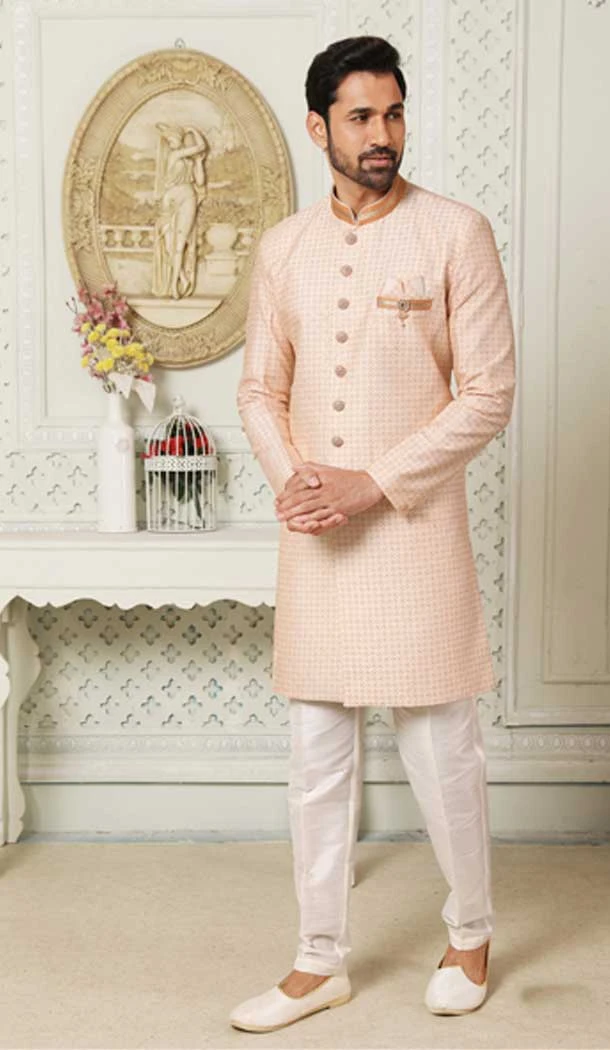 Cream And Orange Color Art Silk Self Work Wedding Wear Men's Semi Indo Western -5119159982