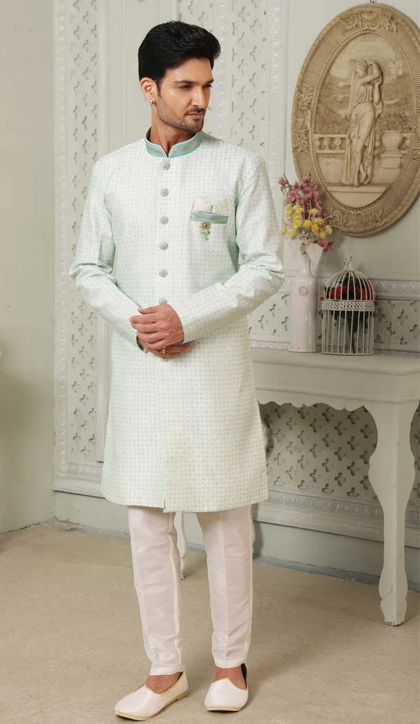 Cream And Sky Color Art Silk Self Work Wedding Wear Men's Semi Indo Western -5119159983