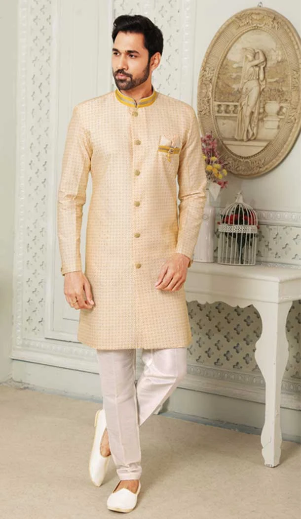 Cream And Yellow Color Art Silk Self Work Wedding Wear Men's Semi Indo Western -5119159984