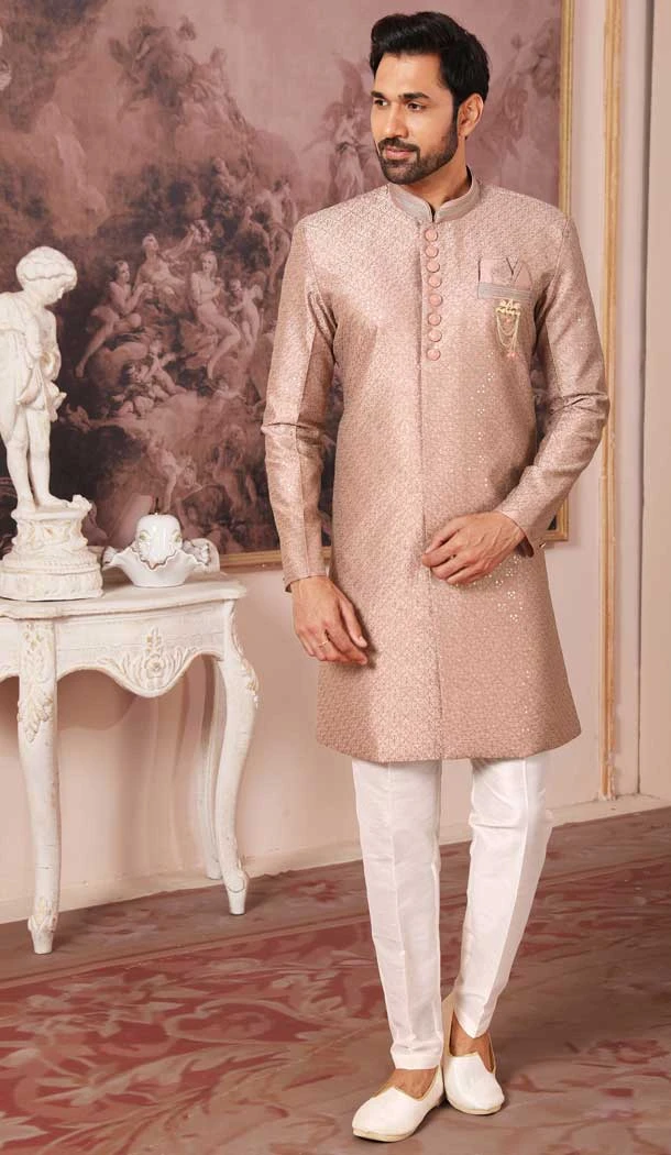 Dark Beige Color Art Silk Sequins Work Wedding Wear Men's Semi Indo Western -5119159995