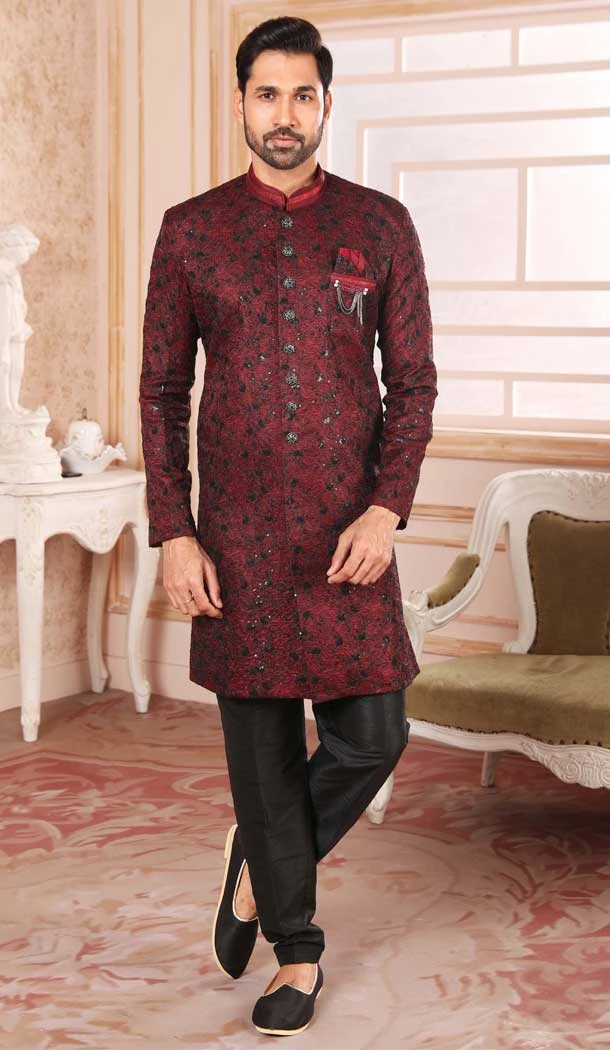Maroon Color Art Silk Sequins Work Wedding Wear Men's Semi Indo Western -5119159988
