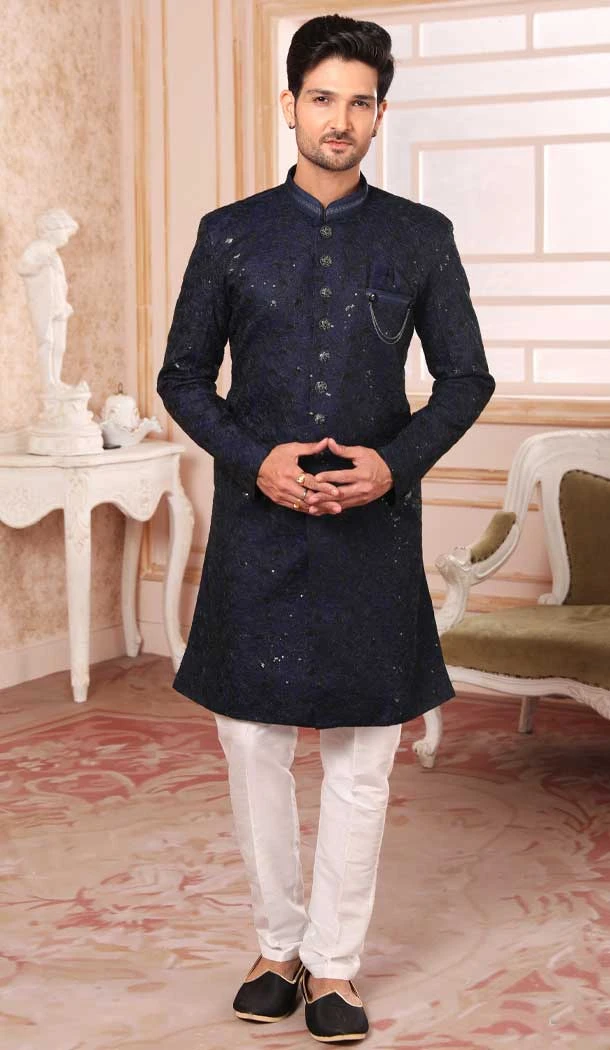 Navy Blue Color Art Silk Sequins Work Wedding Wear Men's Semi Indo Western -5119159989