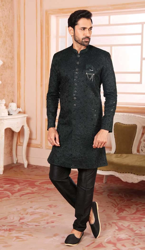 Bottle Green Color Art Silk Sequins Work Wedding Wear Men's Semi Indo Western -5119159990