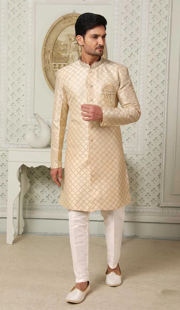 Sequins Work Gold Color Art Silk Wedding Wear Men's Semi Indo Western -5119159992