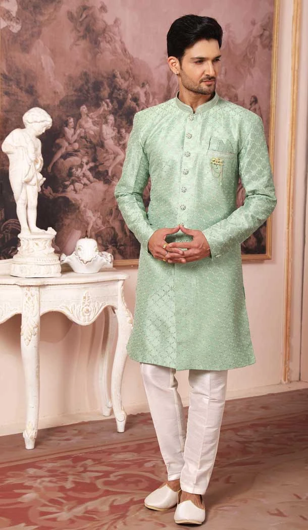 Wedding Wear Pista Color Art Silk Sequins Work Men's Semi Indo Western -5119159994