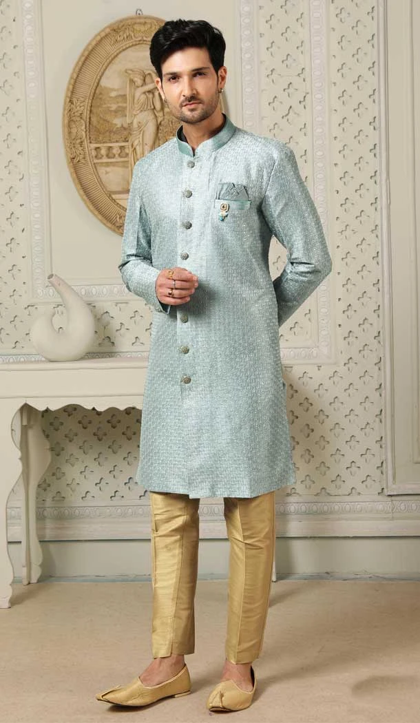 Art Silk Firozi Color Sequins Work Wedding Wear Men's Semi Indo Western -5119159996