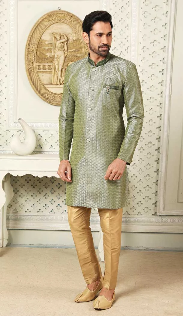 Green Color Art Silk Sequins Work Wedding Wear Men's Semi Indo Western -5119159997