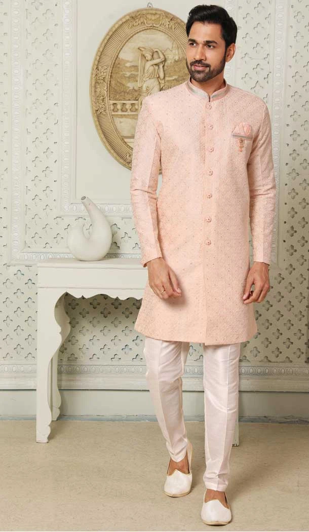 Pink Color Art Silk Sequins Work Wedding Wear Men's Semi Indo Western -5120160000