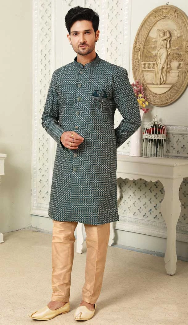Rama Green Color Art Silk Sequins Work Wedding Wear Men's Semi Indo Western -5120160001