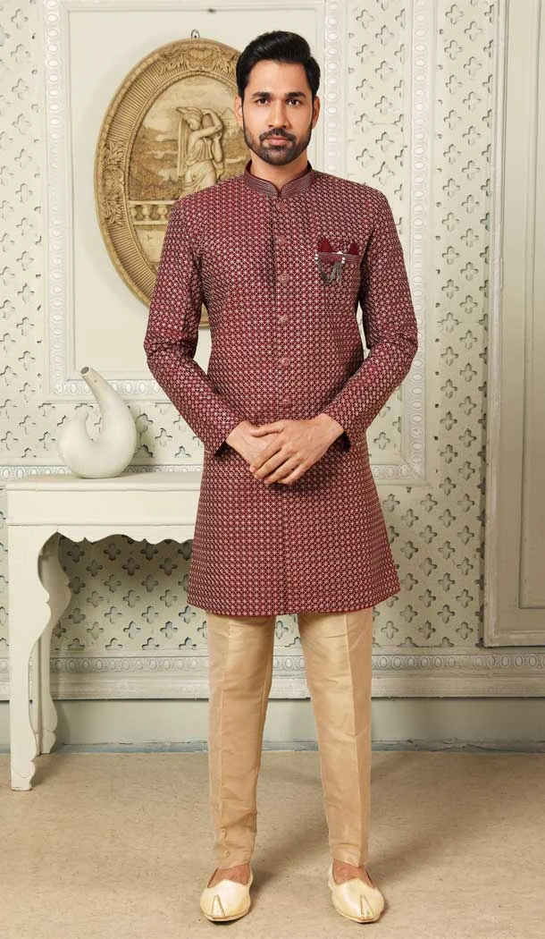Maroon Color Art Silk Sequins Work Wedding Wear Men's Semi Indo Western -5120160002