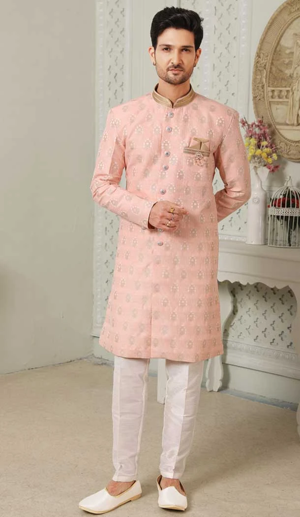 Pink Color Art Silk Self And Zari Work Wedding Wear Men's Semi Indo Western -5120160004