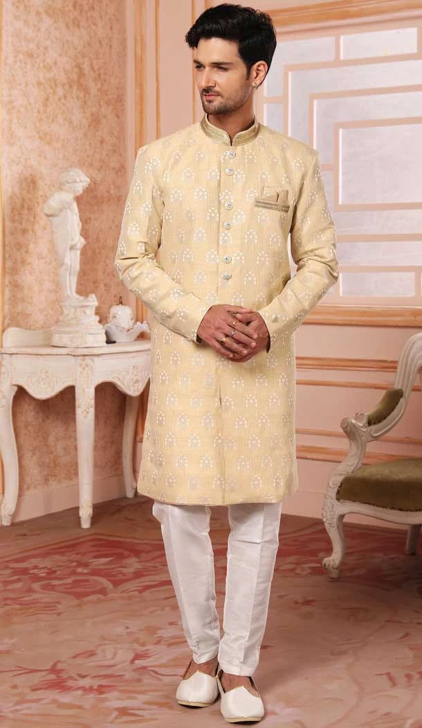 Yellow Color Art Silk Printed Work Wedding Wear Men's Semi Indo Western -5120160005