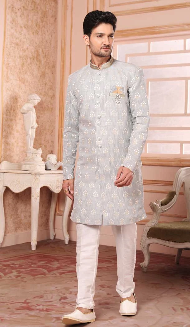 Light Grey Color Art Silk Printed Work Wedding Wear Men's Semi Indo Western -5120160006