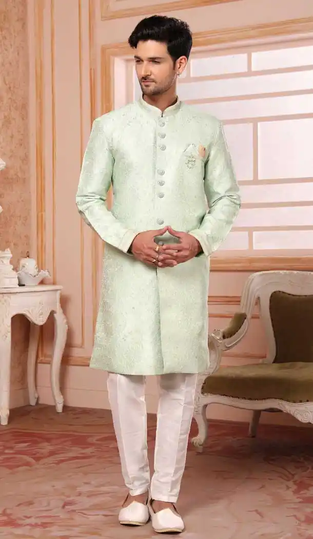 Pista Color Jacquard Semi-Silk Brocade Resham Work Wedding Wear Men's Semi Indo Western -5120160008