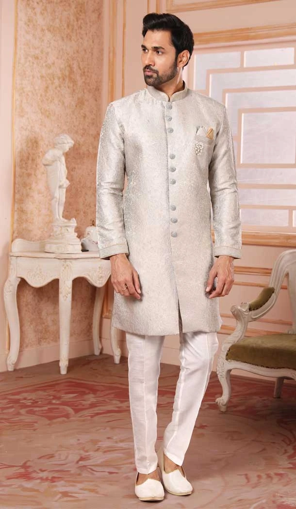 Grey Color Jacquard Semi-Silk Brocade Resham Work Wedding Wear Men's Semi Indo Western -5120160009