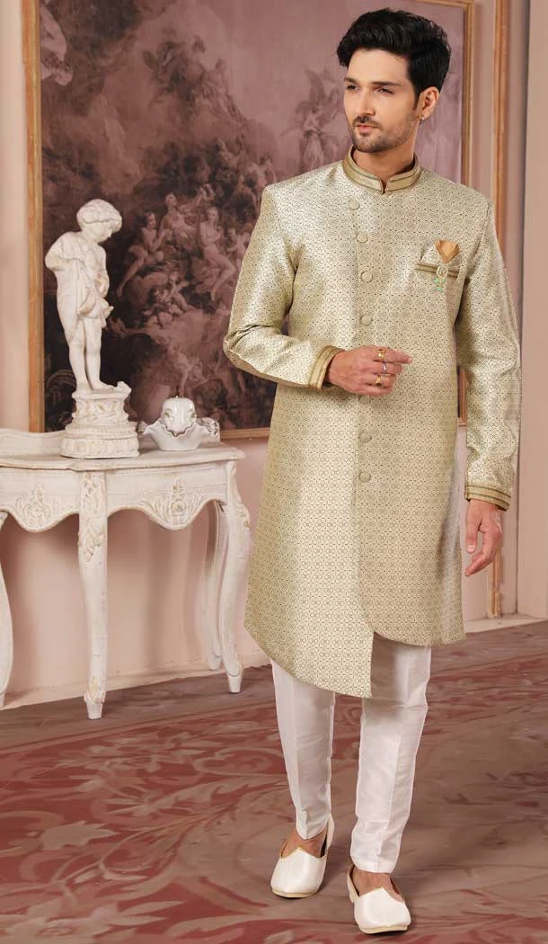 Jacquard Semi-Silk Brocade Cream Color Zari Work Wedding Wear Men's Semi Indo Western -5120160011