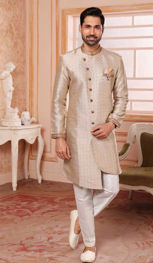 Zari Work Cream Color Jacquard Semi-Silk Brocade Wedding Wear Men's Semi Indo Western -5120160012