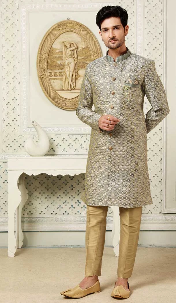 Mehendi Color Jacquard Semi-Silk Brocade Resham Work Wedding Wear Men's Semi Indo Western -5120160013
