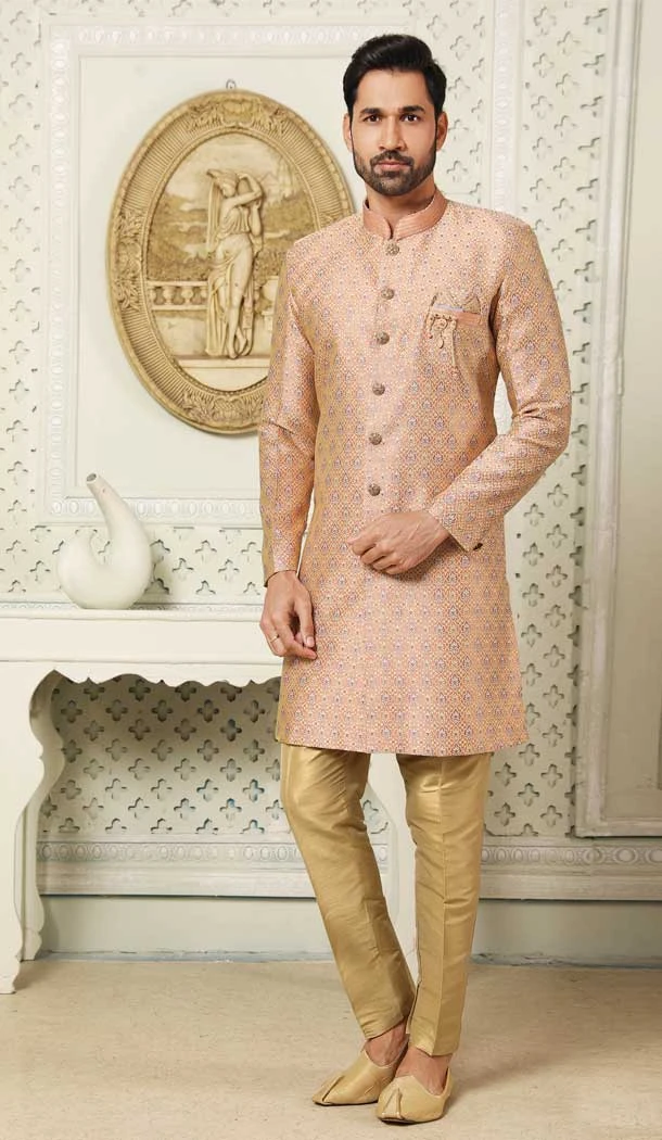 Dark Peach Color Jacquard Semi-Silk Brocade Resham Work Wedding Wear Men's Semi Indo Western -5120160014