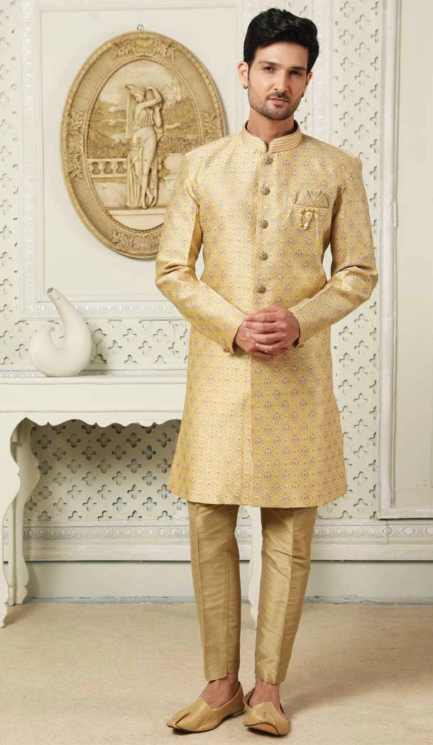 Jacquard Semi-Silk Brocade Yellow Color Resham Work Wedding Wear Men's Semi Indo Western -5120160015