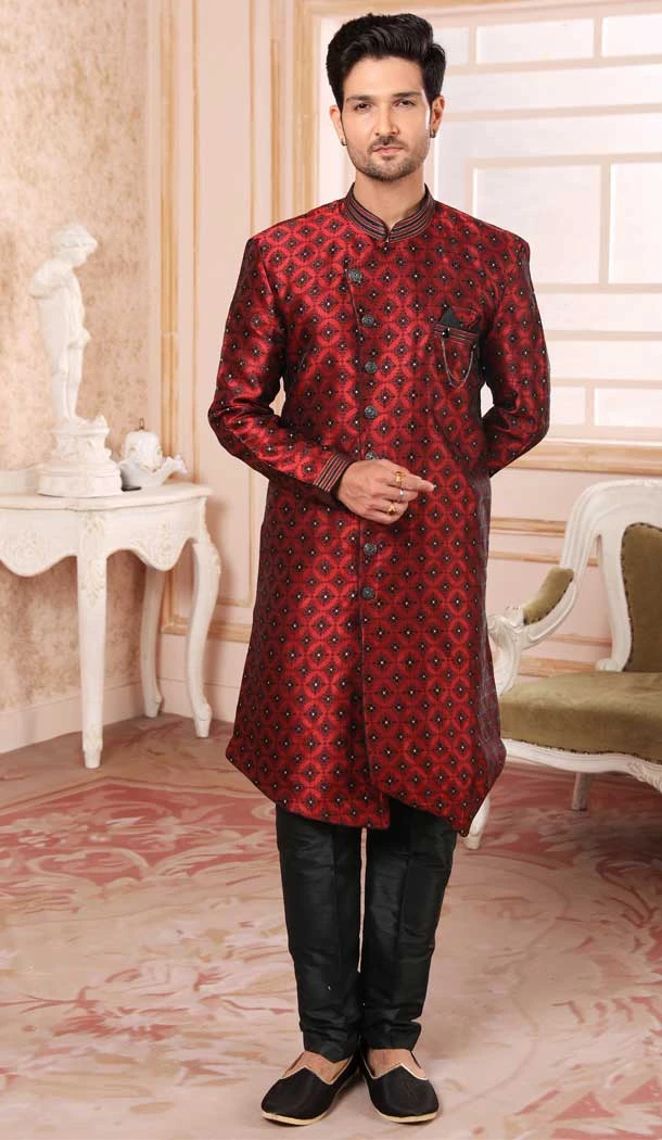 Maroon Color Jacquard Semi-Silk Brocade Resham Work Wedding Wear Men's Semi Indo Western -5120160016