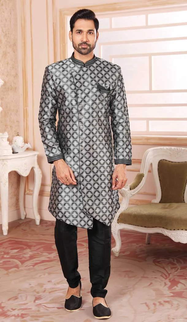 Black Color Jacquard Semi-Silk Brocade Resham Work Wedding Wear Men's Semi Indo Western -5120160017
