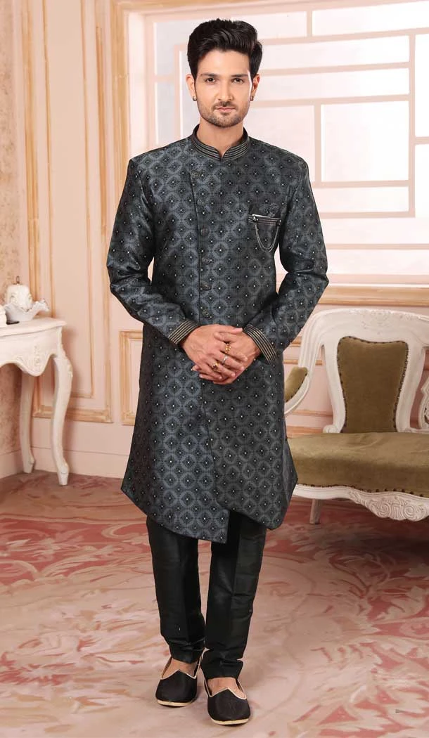 Dark Grey Color Jacquard Semi-Silk Brocade Printed Work Wedding Wear Men's Semi Indo Western -5120160018