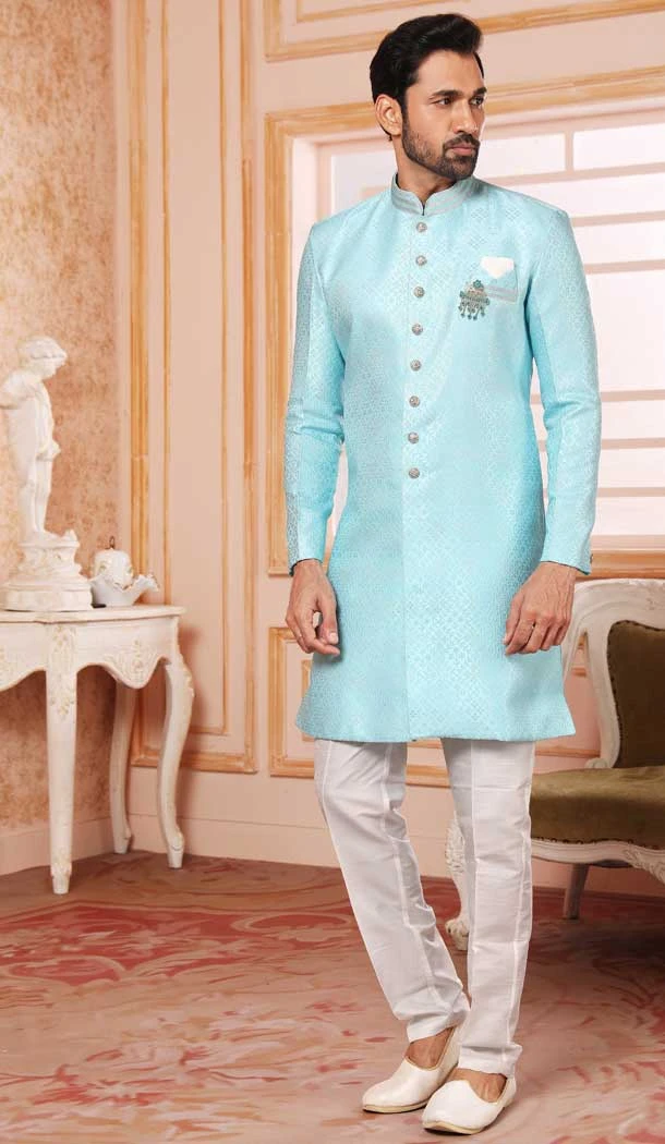 Sky Blue Color Jacquard Semi-Silk Brocade Resham Work Wedding Wear Men's Semi Indo Western -5120160019