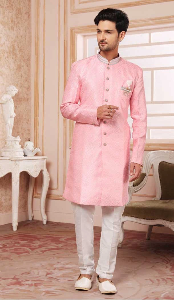 Jacquard Semi-Silk Brocade Pink Color Self Work Wedding Wear Men's Semi Indo Western -5120160021