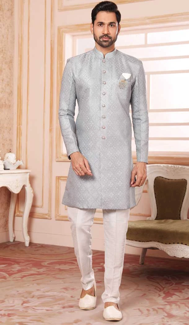 Jacquard Semi-Silk Brocade Grey Color Self Work Wedding Wear Men's Semi Indo Western -5120160021