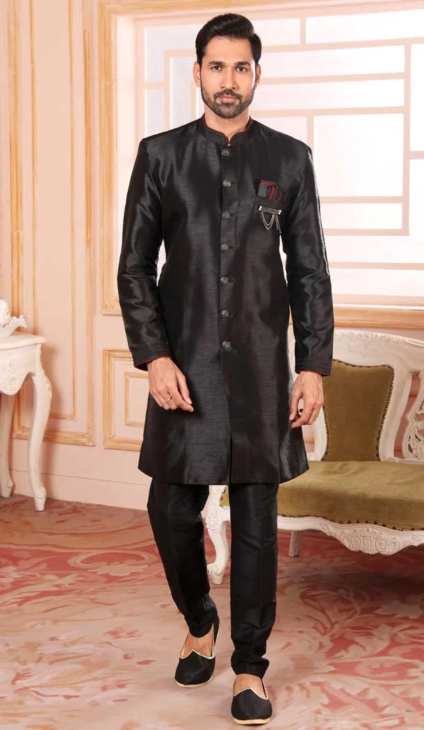 Black Color Raw Silk Self Work Wedding Wear Men's Semi Indo Western -5120160022