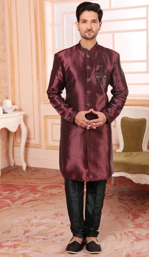 Wine Color Raw Silk Self Work Wedding Wear Men's Semi Indo Western -5120160023