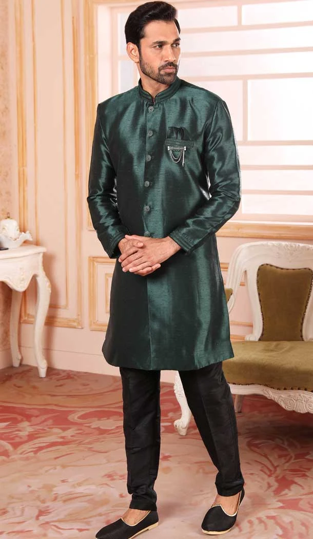 Bottle Green Color Raw Silk Self Work Wedding Wear Men's Semi Indo Western -5120160024