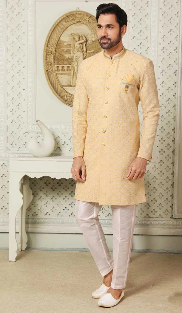 Yellow Color Art Silk Sequins Work Wedding Wear Men's Semi Indo Western -5120159998