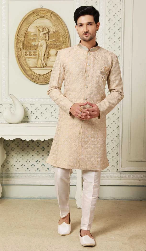 Beige Color Art Silk Sequins Work Wedding Wear Men's Semi Indo Western -5120159999