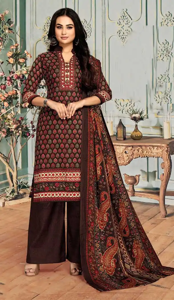 Brown Color Pashmina Silk Printed Work Casual Wear Palazzo Salwar Kameez -5127160053