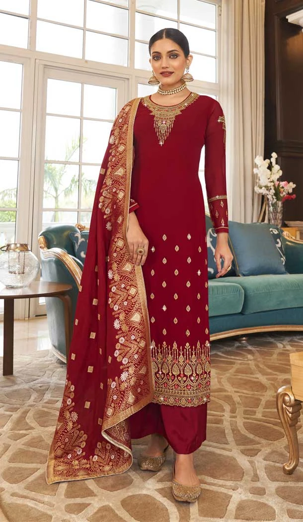 Maroon Color Georgette Thread And Zari Embroidery Work Palazzo Salwar Suit -5128160055