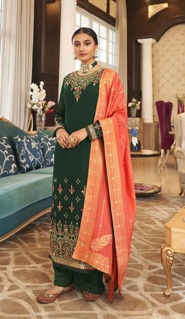 Green Color Georgette Thread And Zari Embroidery Work Palazzo Salwar Suit -5128160056