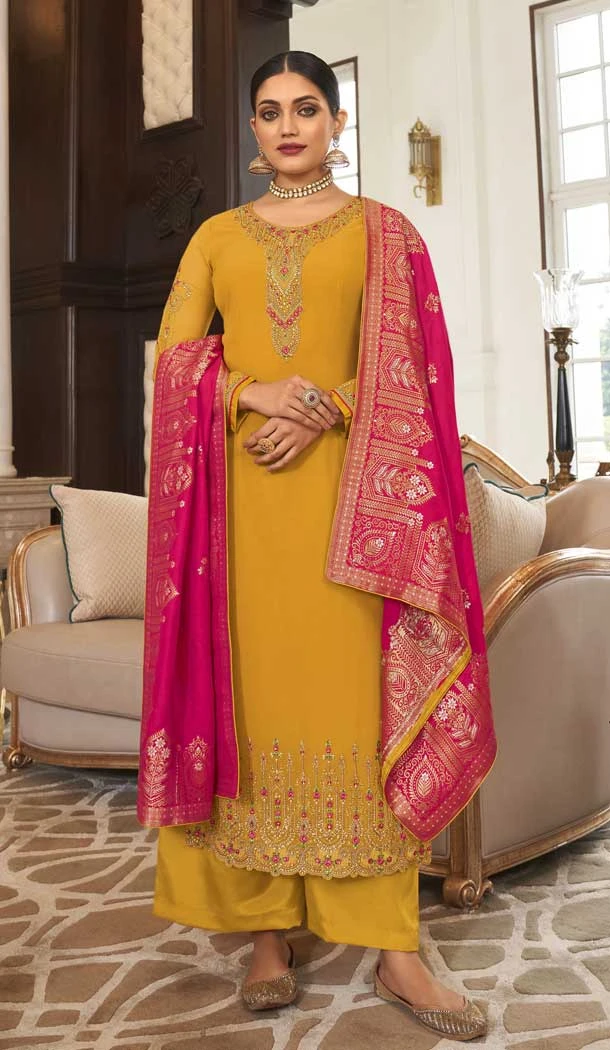 Yellow Color Georgette Thread And Zari Embroidery Work Palazzo Salwar Suit -5128160057