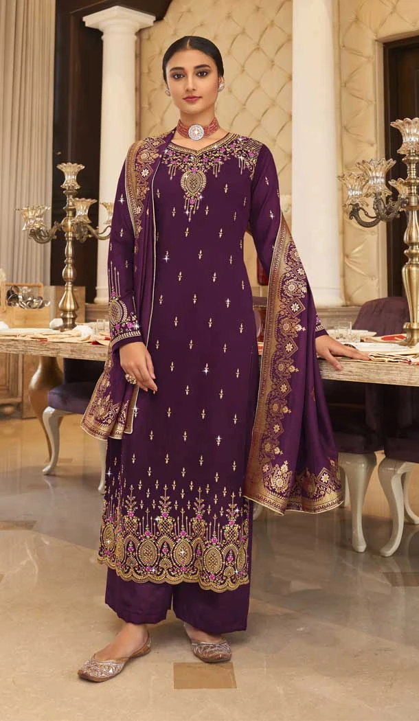 Wine Color Georgette Thread And Zari Embroidery Work Palazzo Salwar Suit -5128160058