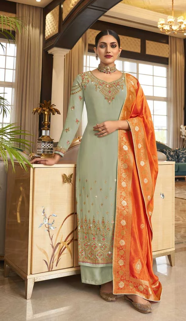 Mint Color Georgette Thread And Zari Embroidery Work Palazzo Salwar Suit -5128160059