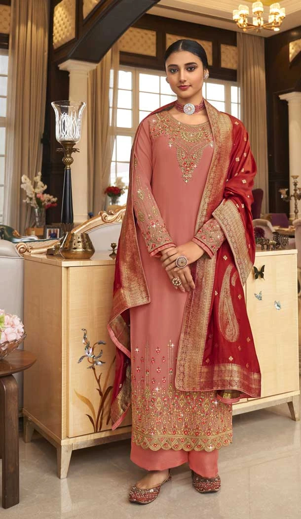 Pink Color Georgette Thread And Zari Embroidery Work Palazzo Salwar Suit -5128160060