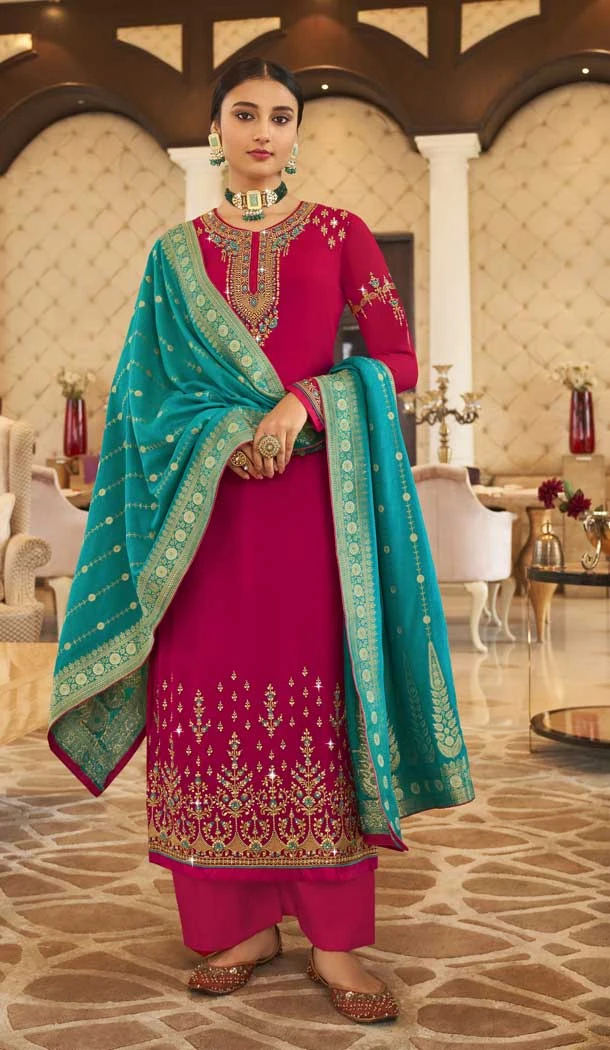 Dark Pink Color Georgette Thread And Zari Embroidery Work Palazzo Salwar Suit -5128160061