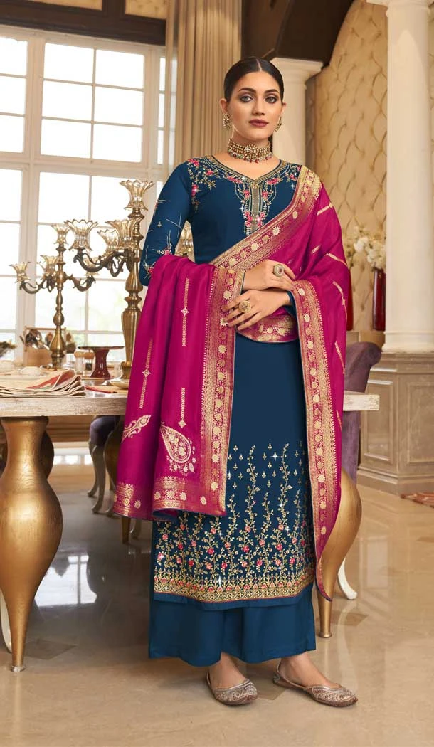 Teal Blue Color Georgette Thread And Zari Embroidery Work Palazzo Salwar Suit -5128160062